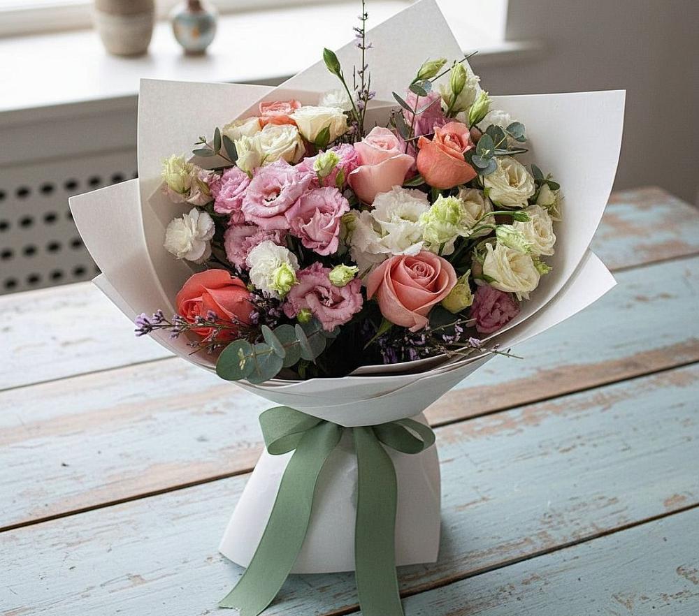 Букет цветов из: Розы, Лизиантусы и Гвоздики в Архиповке