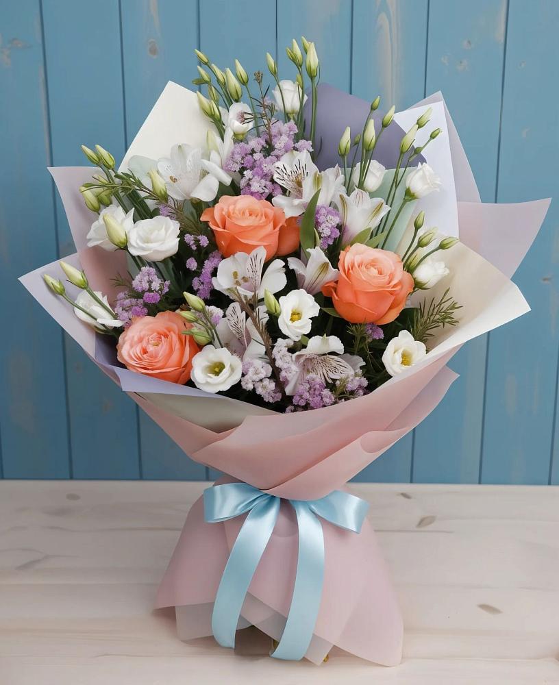 Букет цветов из: Лизиантусы, Розы, Альстромерии и Гипсофила в Архиповке